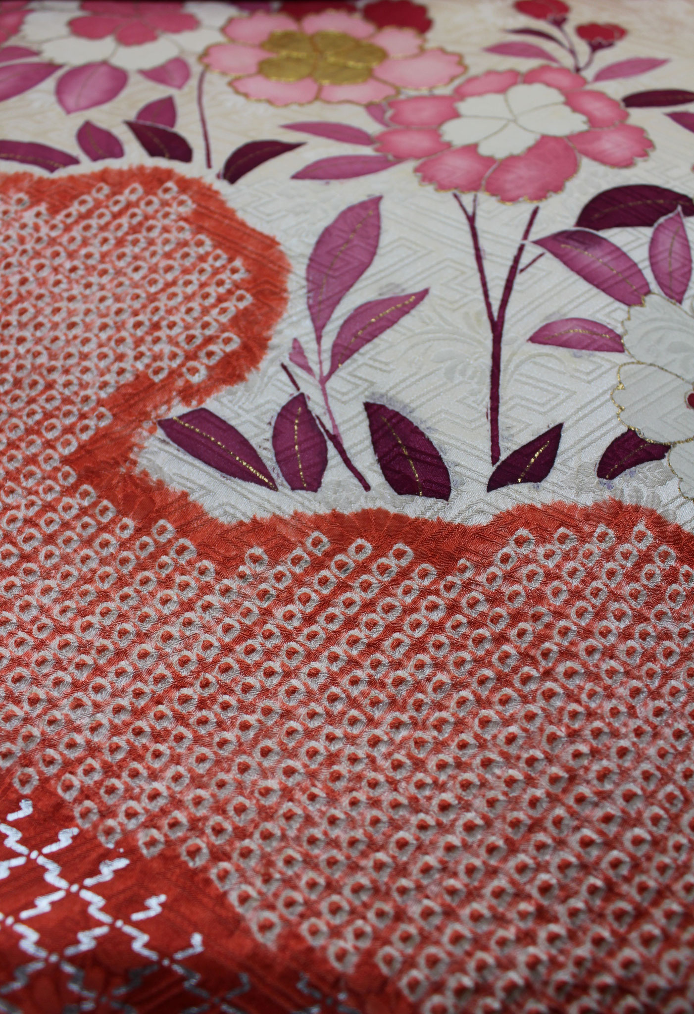 Japanese vintage kimono Cotton fabric Peonies and Chrysanthemum 